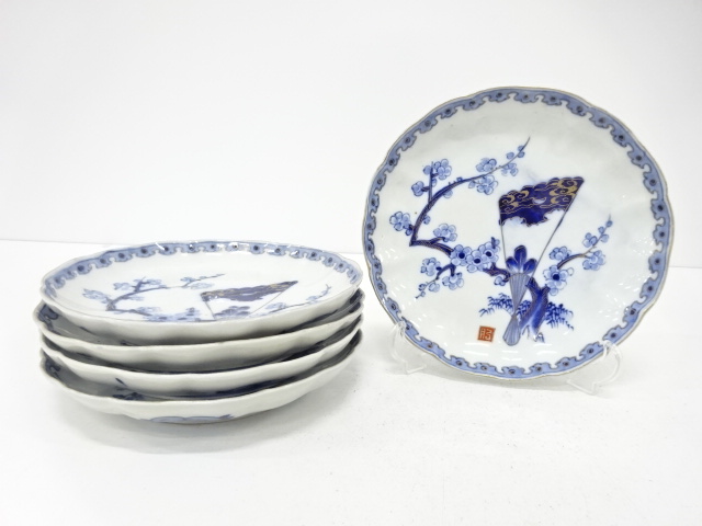 Ko-Imari, Plum tree and fan, set of 5 plates, 7